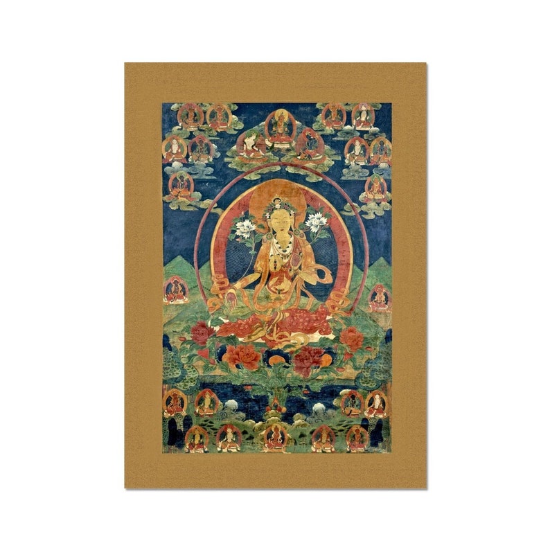 May include: A colorful painting depicting a deity in a seated position surrounded by smaller figures. The deity is adorned with intricate jewelry and sits on a lotus throne. The background features a blue sky with clouds and a green landscape.