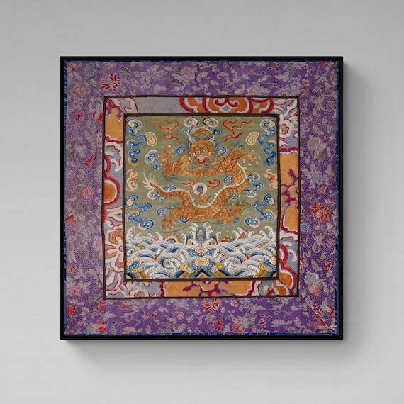Qing Dynasty, Chinese Mythology Silk Embroidery Gold Dragon Antique Mandarin Square Folk Art Fine Taoist Art Print
