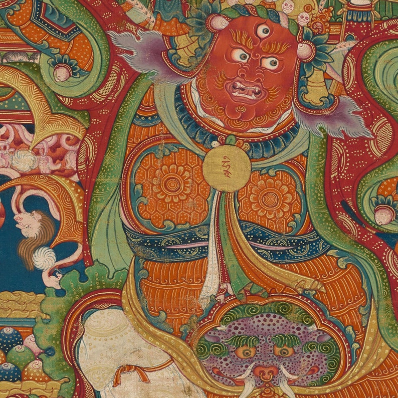 May include: A detailed, colorful painting featuring a central figure with a red face, three eyes, and a stern expression. The figure is adorned with ornate clothing and surrounded by intricate patterns in shades of orange, green, and blue. A circular emblem is visible.