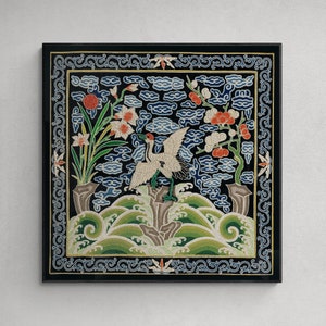 Dinastia Qing Azul, Bordado de Seda Chinesa | Prado da galinha da garça do pântano | Natureza Mandarim Quadrado Pastoral Vintage Boho Impressão de Belas Artes Asiáticas