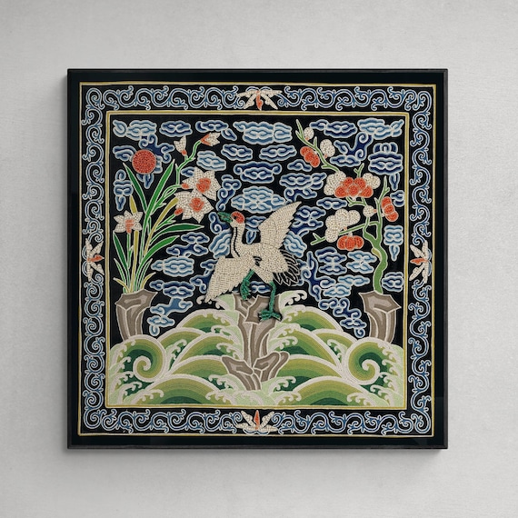 青清朝、中国シルク刺繍 | 沼地のサギと鳥の牧草地 | 自然、マンダリン