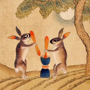 Moon Bunny of Immortality | Classic Minhwa Korean Mythology Folk Art | Lunar Cosmos Astronomy Rabbit | Cute Kawaii Fine Art Print