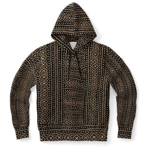May include: Black hoodie with a beige geometric pattern. The hooded sweatshirt features a drawstring and a repeating design of triangles, diamonds, and other shapes. The pattern is vertically oriented and covers the entire garment.