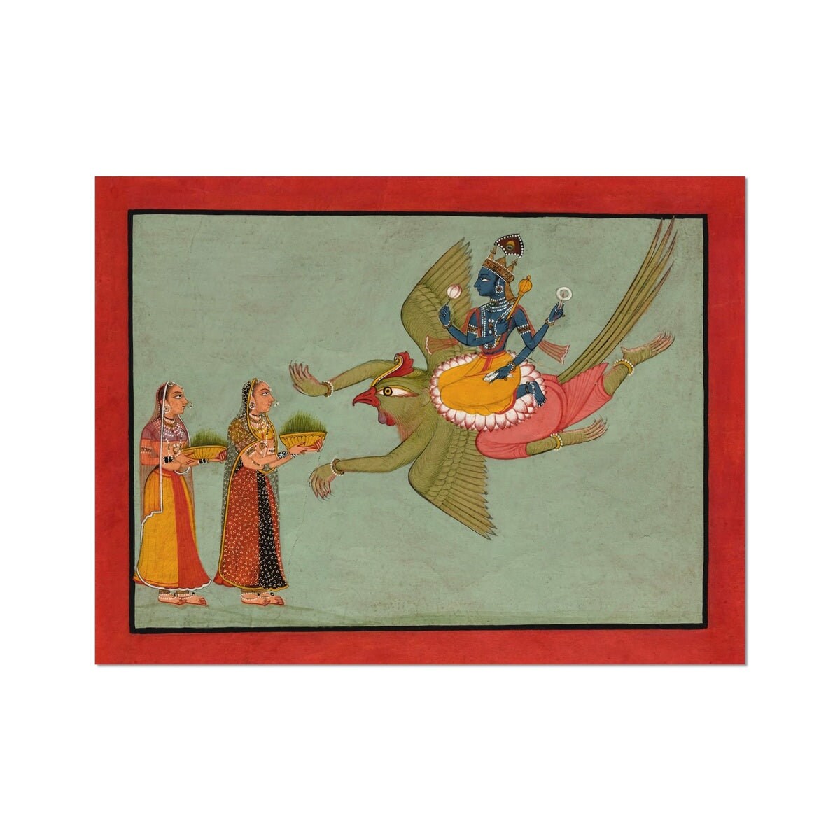 インドの伝統アート 象と騎士の絵 ガルーダに乗るクリシュナ | ヒンドゥー教のインド神話
