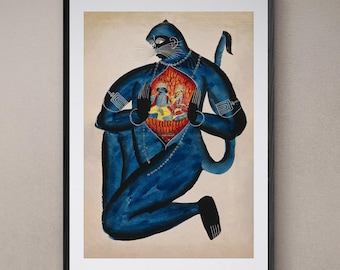 Ancient Hanuman Revealing Rama (Vishnu) and Sita in His Heart Vedic Hindu Folk Art Antique Giclée Fine Art Print