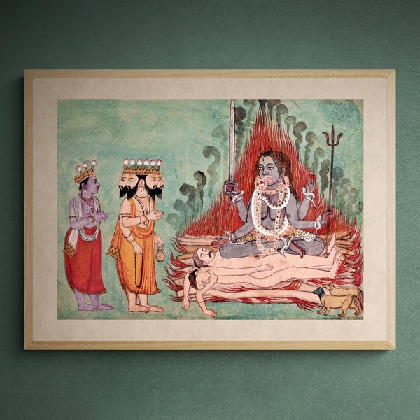 Shiva, Vishnu, and Brahma Adoring Kali (Detail) | Indian Folk Mythology | Chakras Kundalini Bhakti Devotion | Basholi-Style Fine Art Print