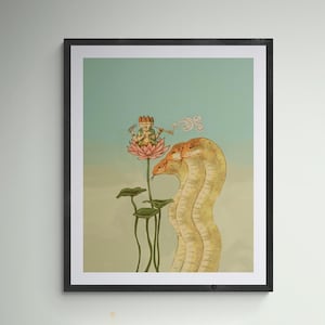 Nagas, Lotus, and Guru Vedic, Hindu, Buddha Dharma Art | Divine Serpent Snake Guardian Dragon Mythology Home Decor | Vintage Fine Art Print
