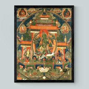 Green Tara Compassion Deity | Divine Healing, Feminine Goddess | Tibetan Buddhist Thangka | Yoga Meditation Vintage Mandala Framed Art Print