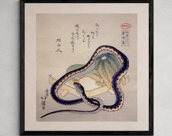 Snake and Melon (Totoya Hokkei) Antique Japanese Ukiyo-e Woodblock Print Edo Period Vintage Serpent Framed Art Print