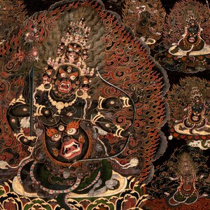 May include: A detailed painting of a deity with multiple faces and arms, holding a bow and arrow. The figure is dark-skinned with fierce expressions, surrounded by flames and other figures. The artwork features intricate details and a rich colour palette.