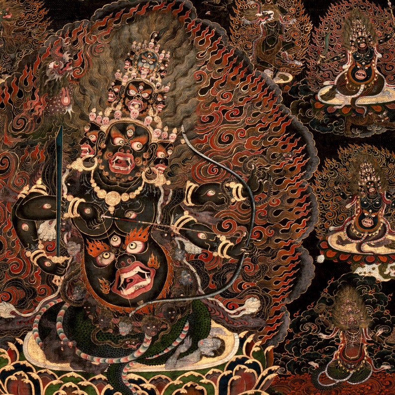 May include: A detailed painting of a deity with multiple faces and arms, holding a bow and arrow. The figure is dark-skinned with fierce expressions, surrounded by flames and other figures. The artwork features intricate details and a rich colour palette.