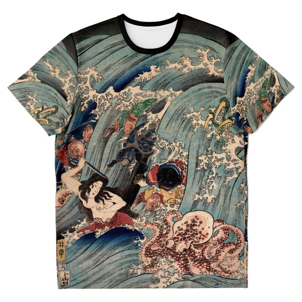 Recuperando la joya robada del palacio del Rey Dragón / Folclore japonés, mitología, camiseta con estampado de bloques de madera kawaii ukiyo-e