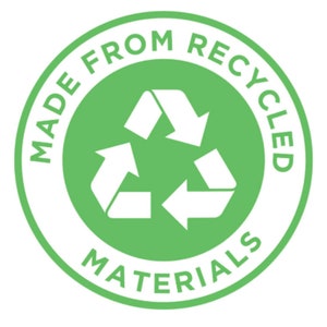 May include: A circular green and white graphic with the text "MADE FROM RECYCLED MATERIALS". The design features a recycling symbol in the center, composed of three white arrows in a circular motion.