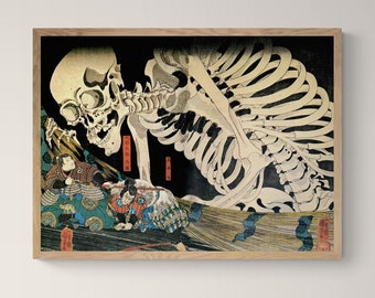 Mitsukuni Defying the Skeleton Ghost | Kuniyoshi Vintage Yokai Supernatural Skull | Japanese Mythology Boho Ukiyo-e Fine Art Print