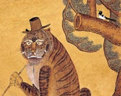 Minhwa Tiger Smoking a Pipe, with Magpies Korean Folk Art Mythology Home Decor 420 Lion Marijuana Wall Art Kawaii Cute Fine Art Print