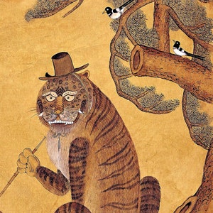 Minhwa Tiger Smoking a Pipe, with Magpies | Korean Folk Art Mythology Home Decor | 420 Lion Marijuana Wall Art | Kawaii Cute Fine Art Print