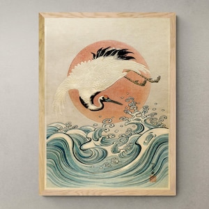 Grue, vagues et soleil levant (Isoda Koryusai) | Gravure sur bois japonaise Ukiyo-e Edo vintage Bird Lover Fine Art Print