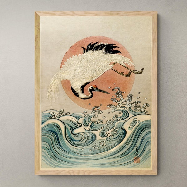Crane, Waves and Rising Sun (Isoda Koryusai) | Japanese Ukiyo-e Woodblock Edo Vintage Bird Lover Fine Art Print