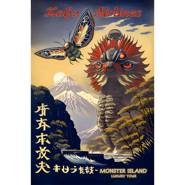 Kaiju Airlines, Monster Island Tour | Surreal Vintage Travel Poster | Godzilla, Ghidorah, Mothra, King Kong, Gamera Vintage Fine Art Print