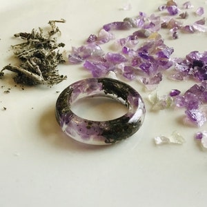 Amethyst and Sage Ring, Resin Ring, Healing Crystals, Amethyst Ring, Whimsical, Whimsy, Cottage Core, Chunky Pressed Flower Ring