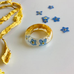 Sunflower and Forget-Me-Nots, Fairycore, Chunky Resin Flower Rings, whimsy, Botanical Jewellery, September Birthday, Hippie, Boho,