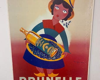 May include: Vintage advertisement for Prunelle du Velay liqueur. The poster features a stylized illustration of a person holding a bottle of the liqueur on a blue platter. The poster has a red, blue, yellow, and beige color scheme, with the text "Prunelle Velay" at the bottom.