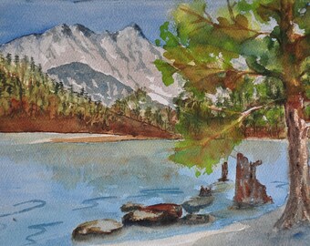 Scenic Lake Watercolor On Paper