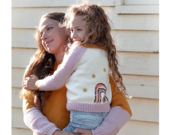 Mom and Me Cardigan: Rainbow Embroidered Handknit Matching Set