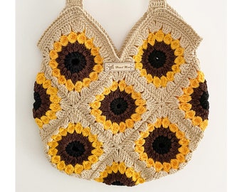 Sunflower Crochet Tote Bag: Boho Cotton Handbag, Vegan Friendly