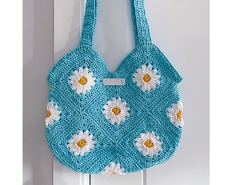 Daisy Crochet Tote Bag: Boho Cotton Handbag, Vegan Friendly
