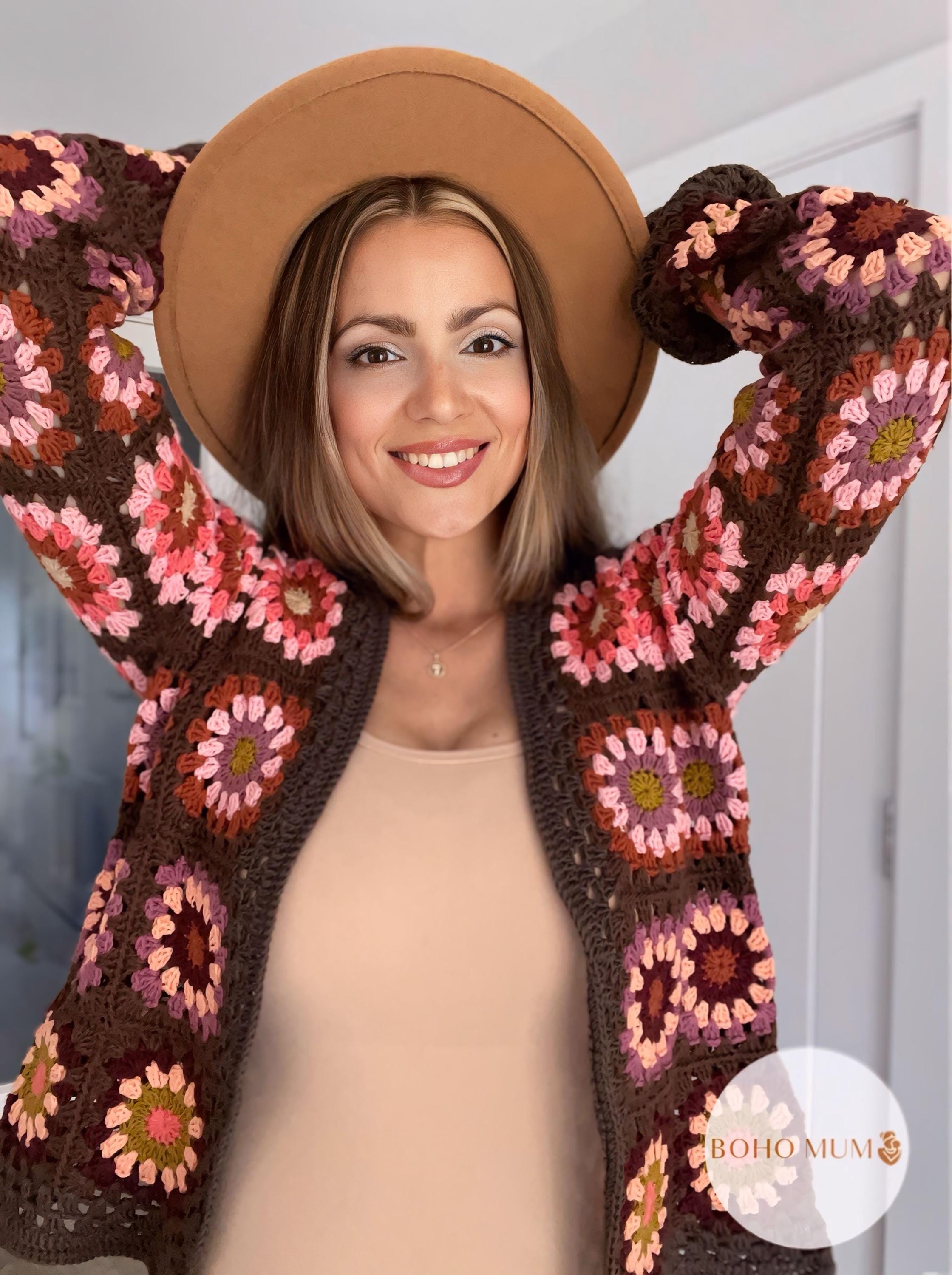 Hand Crochet Granny Square Cardigan, Multicolor Boho Cotton Knit Blazer