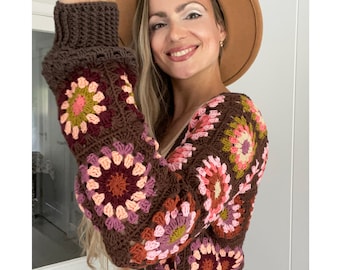 Granny Square Crochet Cardigan, Multicolor Crochet Cardigan Women, Boho Brown Pink Cotton Knit Blazer, Patchwork Hippie Granny Square Jumper