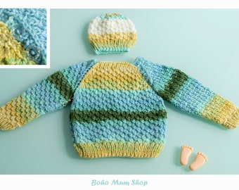 Handmade Multicoloured Baby Cardigan with Hat: Knitwear Set (0-3 Months)