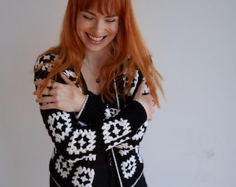 Black and White Moonlight Muse Granny Square Cardigan