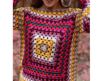 Hand Crochet Granny Square Sweater, 'Honey Berry'