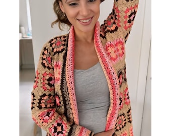 Hand Crochet Granny Square Cardigan: Boho Multicolor Knit Blazer