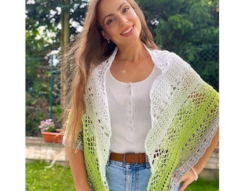 Handcrafted triangular shawl, Large hand crochet Summer cotton green white shawl