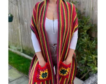 Boho Hand Crochet Scarf: Granny Square Afghan Shawl with Pockets