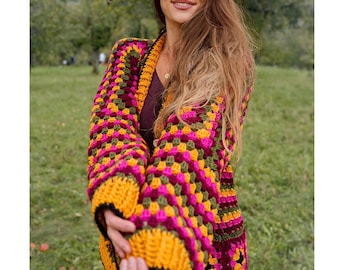 Autumn Boho Granny Square Cardigan – Hand-Crocheted Women’s Sweater in Mustard, Berry & Olive