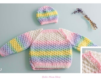 Handmade Baby Rainbow Cardigan, Baby Cardigan for 0-3 months, Baby Girl Cardigan with Hat, Baby Knitwear Set