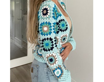Hand Crochet Granny Square Cardigan: Boho Cotton Knit Blazer