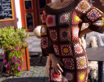 Boho Hand Crochet Granny Square Dress, Vegan-Friendly Cotton Yarn, Handmade Holiday Dress