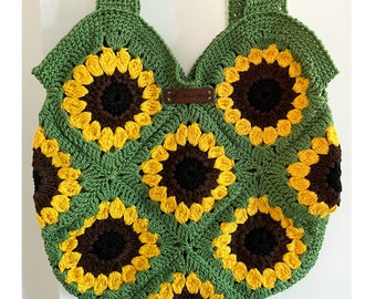 Crochet Sunflower Bag: Boho Green Cotton Handbag, Vegan Friendly