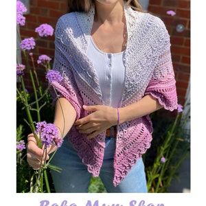 Handcrafted triangular shawl, Large hand crochet Summer cotton pink shawl
