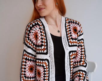 Hand Crocheted Granny Square Cardigan, Boho Dreamweaver Sweater, Organic Cotton Blend