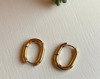 Gold Oval Hoop Earrings | 14K Gold Plated Huggie Hoop Earrings | Bold Oval Earrings | Geometric Hoops | Minimalist Gold Earrings | Gift