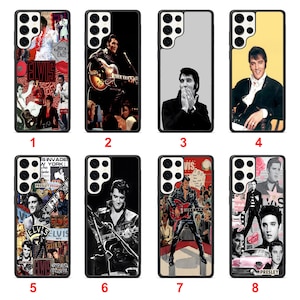 May include: A collection of eight phone cases featuring images of Elvis Presley. The cases display various photos of the singer, including performance shots and portraits. Each case has a black border and is designed for a smartphone.