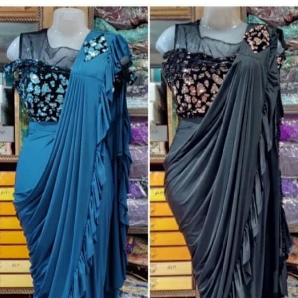 Ready to wear one minute  party wear Saree with velvet stitched blouse
