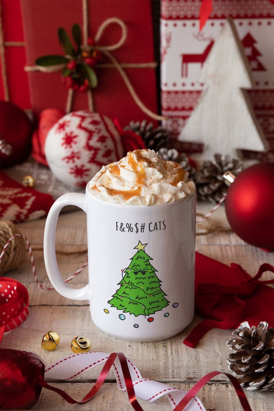 Tazza In Porcellana Jan Pashley Gatti Di Natale - Capienza 300ml, Lavabile In Lavastoviglie E Microonde - Regalo Natalizio Per Amanti Dei Gatti