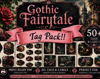 Pode incluir: Uma coleção digital de mais de 50 etiquetas intitulada Gothic Fairytale. O conjunto apresenta imagens escuras e melancólicas de rosas, jardins cobertos de vegetação e arquitetura de castelos com uma fita rosa decorativa.